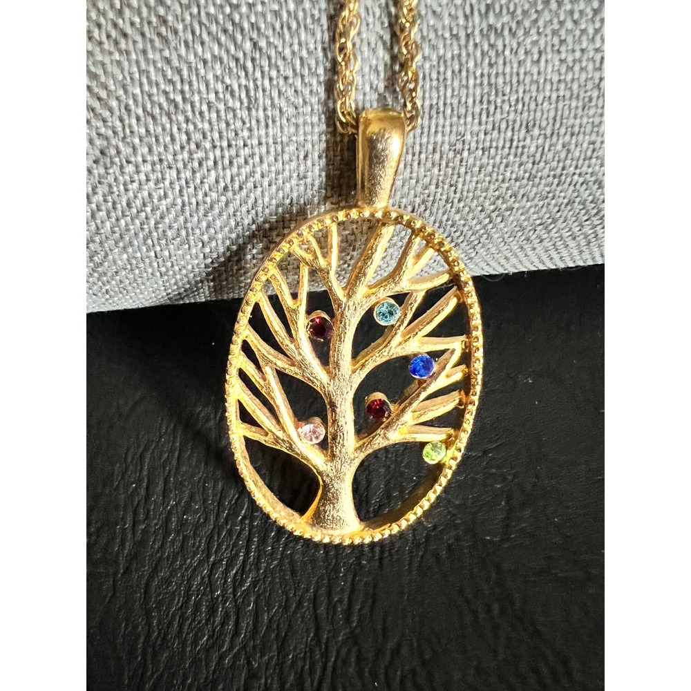 Gold Tone Tree of Life Oval Pendant Necklace Multi Color‎ Rhinestone Nature 90s